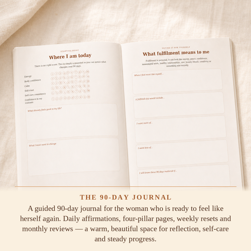 Aloura Life 90-Day Wellbeing Journal open interior pages showing daily reflection and habit tracking layout